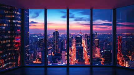 Stunning city skyline at dusk viewed from a modern high-rise, vibrant lights glowing