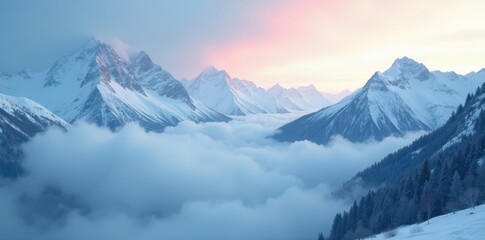Fototapeta premium Dense fog blankets icy mountain range, ethereal mood , aerial, ethereal