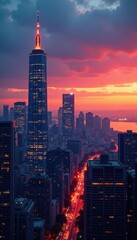 Obraz premium Dramatic cityscape at dusk, towering skyscrapers dominate , metropolis, city, architecture