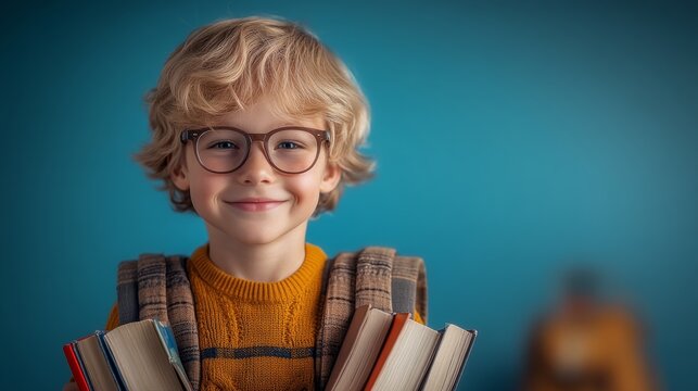 Young boy wearing glasses and a yellow sweater is holding a stack of books. He is smiling and he is happy