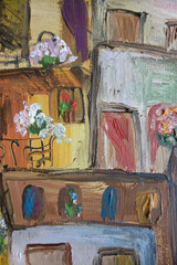  Cute blooming town fine art illustration. Weathered putty on old traditional walls nobody closeup.