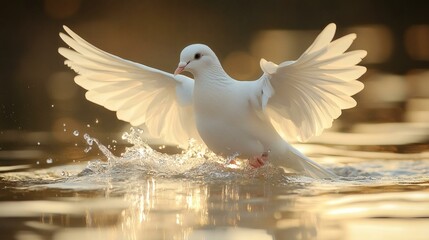 Graceful White Dove Taking Flight from Water in Stunning Natural Light