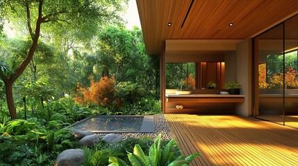 Modern home, bathroom with tropical garden, spa, outdoor