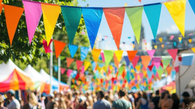 A community event celebrating diversity, with flags and decorations in a wide range of colors.