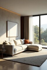 Fototapeta premium Minimalist living room with sleek sofa, large window, natural light, design, bright, style