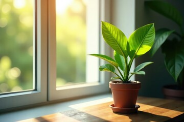 Fototapeta premium Single plant in a sunlit room, seen through window, organic, photography, clean