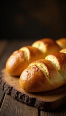 Golden crusty loaves, artisan rolls on wooden board, golden, store