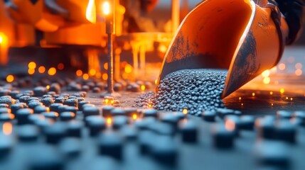 Person is scooping up a pile of rocks with a shovel. The rocks are scattered all over the ground, and the person is in the process of collecting them. The scene has a somewhat chaotic