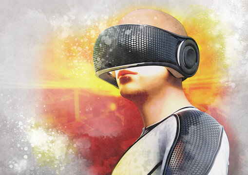 Person wearing virtual reality headset, illustration