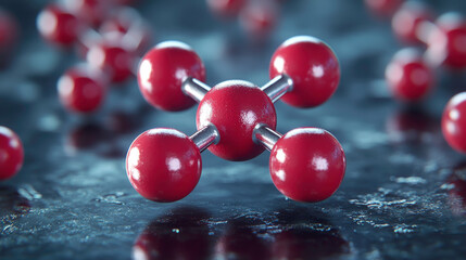 Red methane molecule model on a textured, dark blue surface...