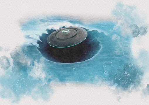 UFO emerging from ocean, illustration