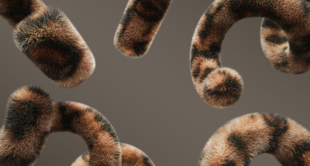 Abstract 3d background with flying fluffy geometric shapes of leopard skin texture with spots. Render spiral lines with print of wild animal fur. Exotic african curve tube pattern. 3D illustration