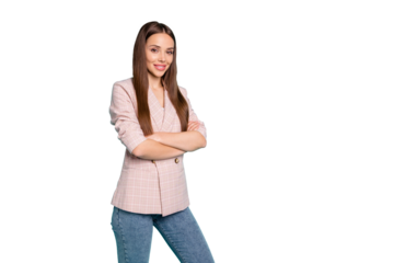 Portrait of her she nice-looking attractive lovely well-dressed pretty content straight-haired girl folded arms posing isolated over bright vivid shine blue green teal turquoise background