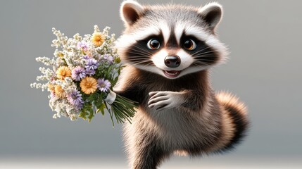 Obraz premium Raccoon is holding a bouquet of flowers in its mouth. The scene is playful and lighthearted, with the raccoon looking happy and content. The flowers add a touch of whimsy to the image