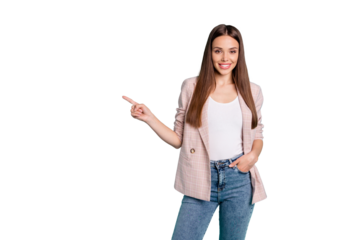 Portrait of her she nice-looking attractive lovely pretty content cheerful straight-haired girl pointing aside ad advert isolated over bright vivid shine blue green teal turquoise background