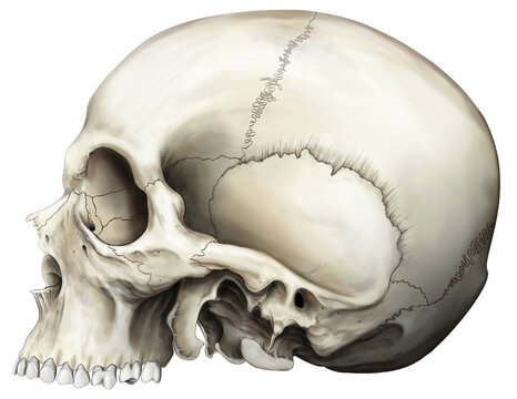Human skull without lower jaw, illustration