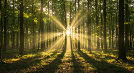 Obraz premium Sunburst Through Forest Trees Creating a Magical Scene