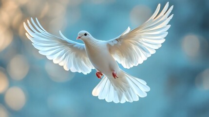 Graceful white dove in flight, its wings spread against a soft blue bokeh background, showcasing peace and serenity.