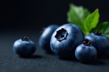 Obraz premium Juicy ripe blueberry, macro detail Black background , macro, dark