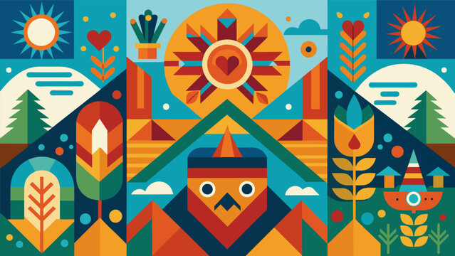 A colorful mural showcasing the traditional geometric patterns and symbols of Native American art representing the deep connection to nature and.