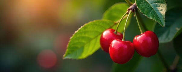 Luscious red cherries, glistening, plump, fresh leaves , red, juicy, macro photography