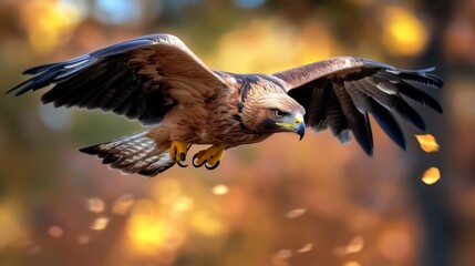 Large brown and yellow bird with yellow eyes flies through the air. The bird is soaring high above the ground, with its wings spread wide. Concept of freedom and grace, as the bird takes flight