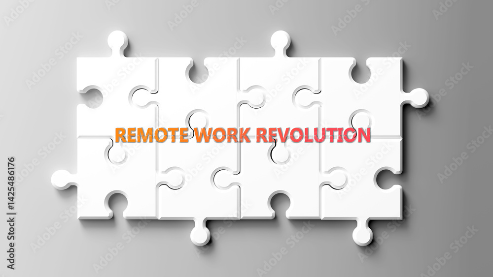Poster Remote Work Revolution complex like a puzzle - pictured as word remote work revolution on a puzzle pieces to show its complexity. ,3d illustration