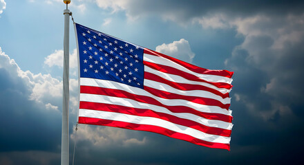 Obraz premium Waving National United States of America flag flying symbolic of patriotism and national pride, Generative AI