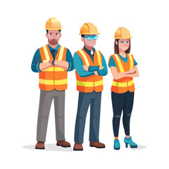 Construction workers stand confidently at a worksite during the day, showcasing safety gear and teamwork in a collaborative environment
