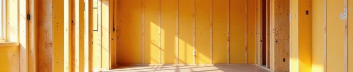 Obraz premium Newly framed walls, construction site Wood studs, insulation visible , drywall, exterior