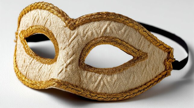 A Venetian mask featuring intricate floral patterns and delicate gold trim, creating an air of mystery and elegance, isolated on a crisp white background.