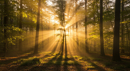 Fototapeta premium Sun Rays Shining Through Trees in Forest Landscape