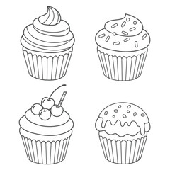 Pastry shop logo. Set of black cupcakes, muffin logo. Vector illustrations isolated on white background. Can be used as icon, sign or symbol - cupcake silhouette, cake, sweet pastries, muffin.