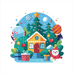 Colorful Christmas village with decorated tree, gifts, snow, and Santa in winter holiday illustration
