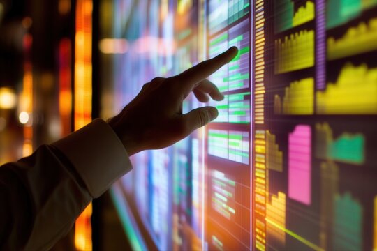 Business professional analyzing financial data on a digital display in a modern office - Powered by Adobe