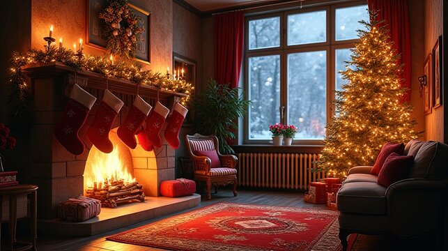 Christmas stockings hanging over a fireplace with a tree