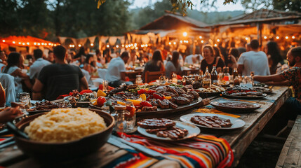Rustic Outdoor Feast with Abundant Food and Happy People