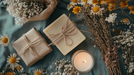 Flat lay of eco-friendly Mother's Day gift items: soap, candle, dried herbs .