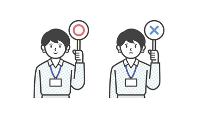 丸とバツの札を持つオフィスカジュアル姿の女性（バストアップ）