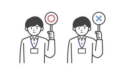 丸とバツの札を持つオフィスカジュアル姿の男性（バストアップ）