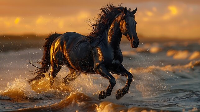 **Black Stallion Galloping Through Shallow Ocean Water, Light Bouncing Off The Spray, Thunderous Freedom And Raw Motion --Ar 16:9 --S 996 --V 6.0 --Style Raw** - @Darya (Relaxed)