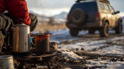 making coffee on camp stove, frosty breath, cold morning, muddy SUV behind .