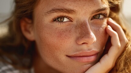 Fototapeta premium A young woman enjoys the golden rays of sunlight, her striking freckles radiating against her smooth complexion as she thoughtfully rests her chin on her hand with a serene expression