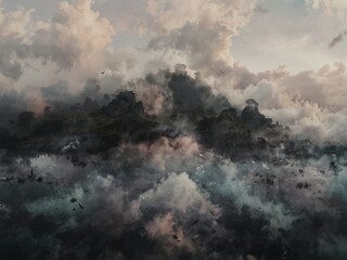 Ethereal realm Mountains cloaked in mist reflect upon a still mirrored lake beneath cloudy skies evoking a sense of mystery
