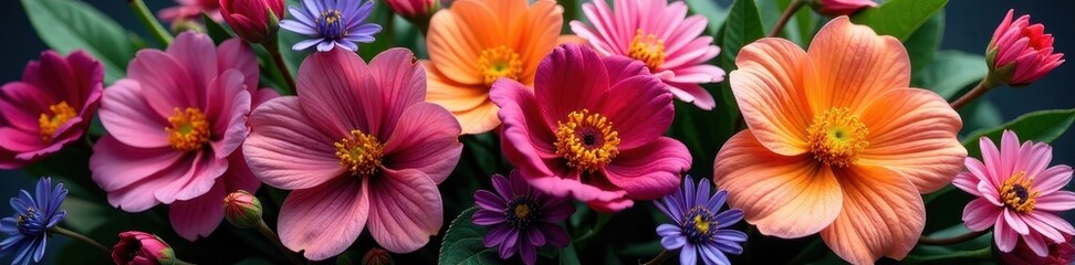 Vibrant blooms, assorted colors, lush bouquet, cheerful, fresh, bright
