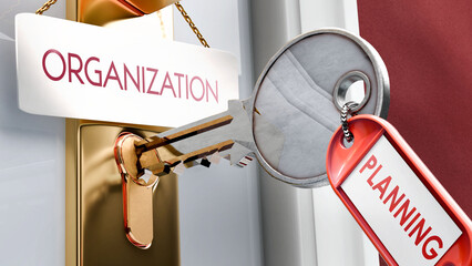 Planning leads to Organization - it's a key to unlock organization. A door key metaphor ,3d illustration