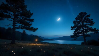 Night Landscape with Moon, Tree, and Lake