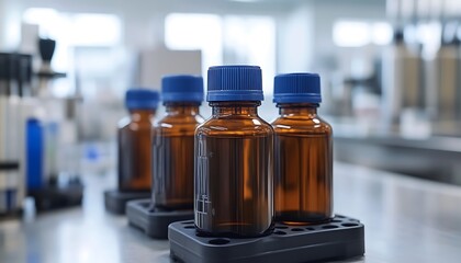 Lab Bottles on Stainless Steel Surface