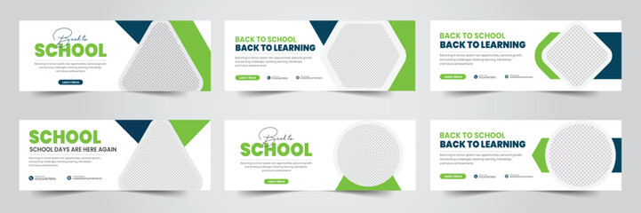 Six education web banner templates or cover designs, set, collection, green cover template 