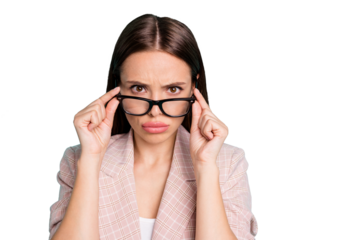Close-up portrait of her she nice attractive lovely pretty glamorous annoyed irritated strict straight-haired lady touching specs isolated over bright vivid shine blue green teal turquoise background